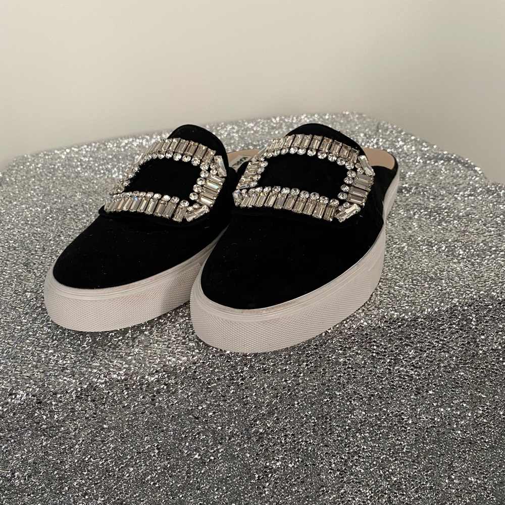 Black embellished slides